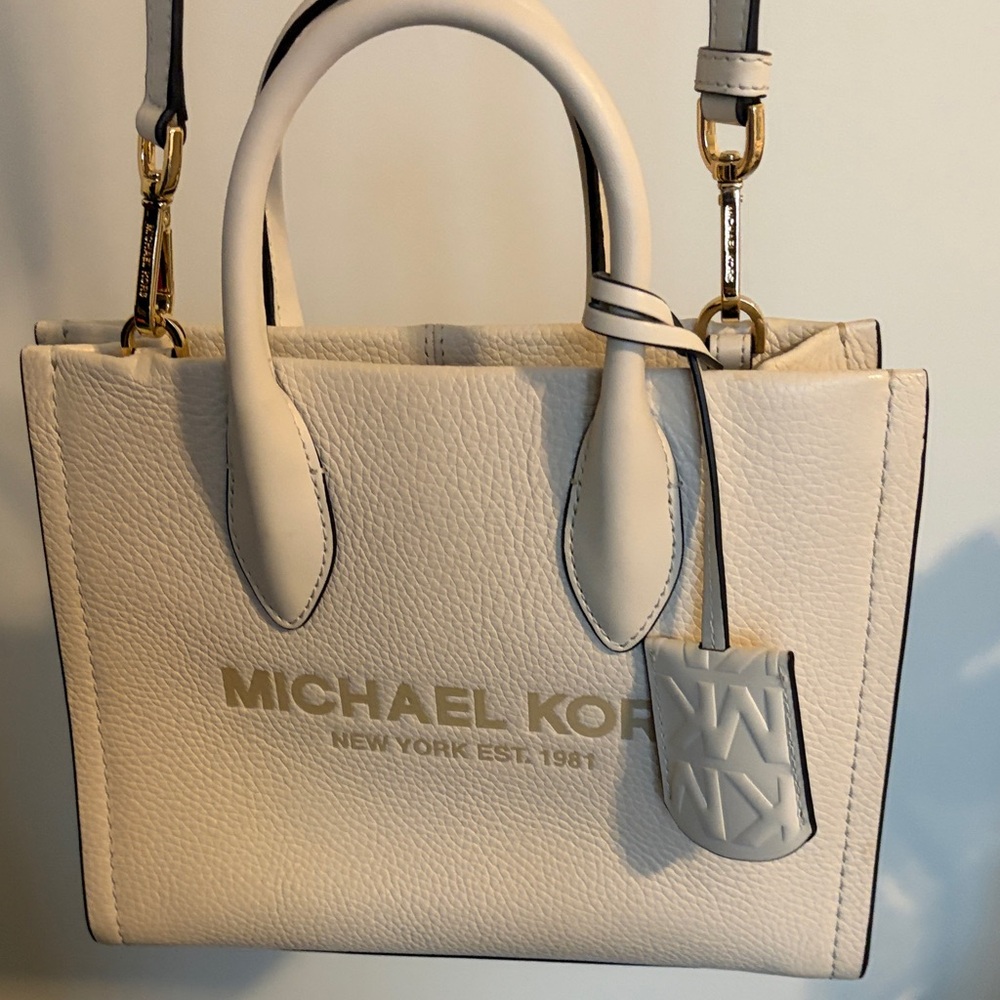 Michael Kors Cream Pebbled Leather Satchel with Gold Logo
